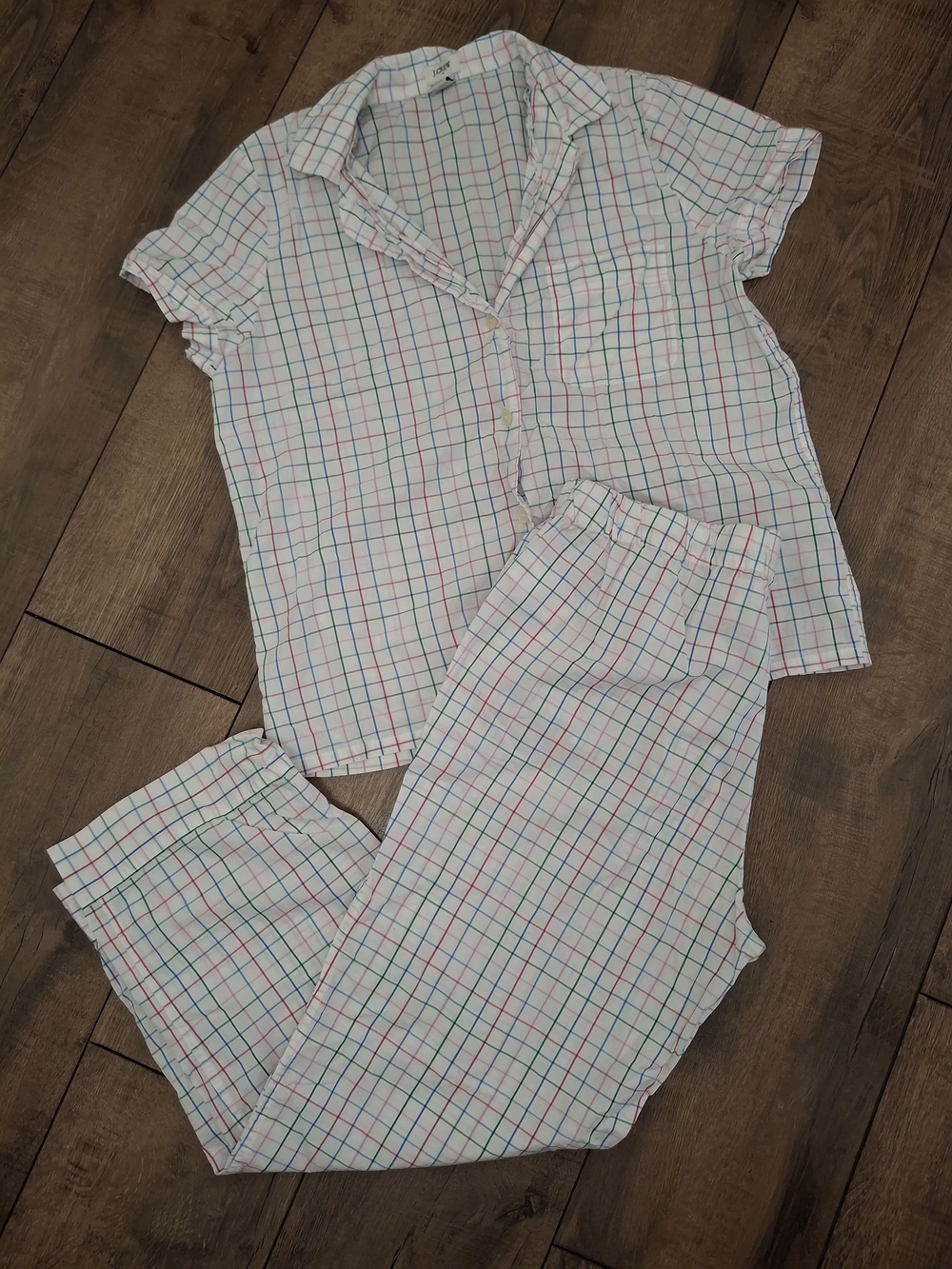 J. Crew White Plaid Short-Sleeve Kids Pajama Set with Pink, Blue & Green Lines